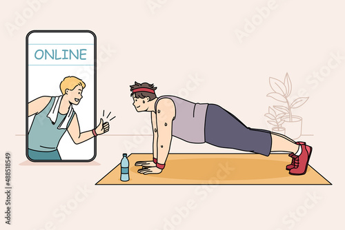 Online training and overweight concept. Smiling sweating fatty man doing sports fitness workout online looking at coach on smartphone screen at home vector illustration 