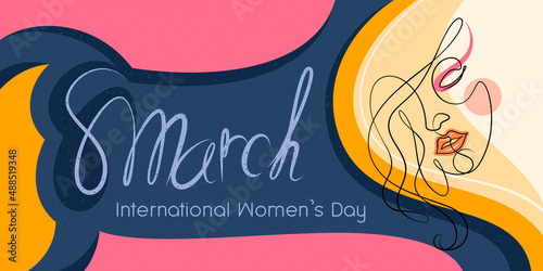 International women's Day, 8th March design concept greeting card template illustration. Flat vector young woman beauty face minimal line drawing style and curve pink-yellow-blue background.