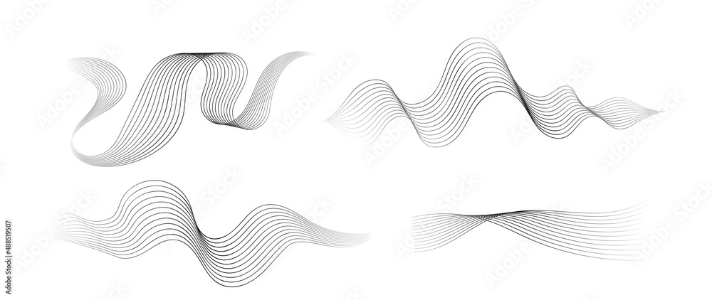 Abstract black and grey vibration wave set. Collection of sound audio wavy line, dotted halftone and waveform. Element on white background for business, science, music and technology.