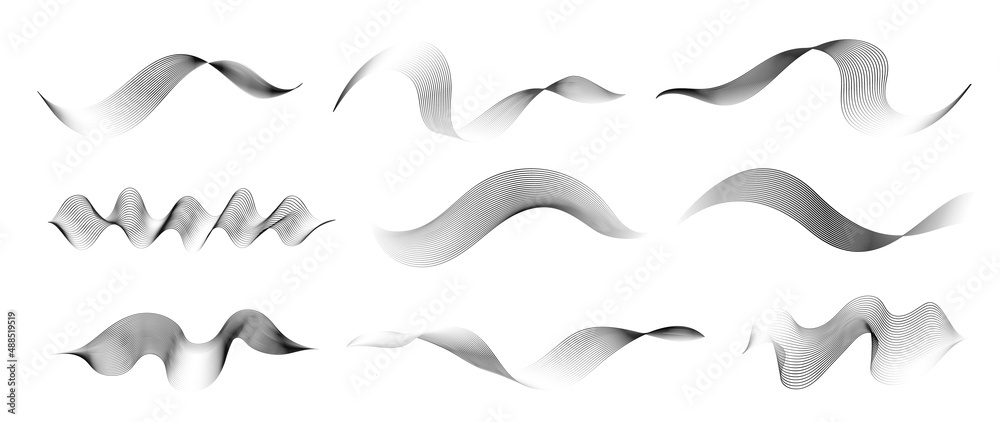 Abstract black and grey vibration wave set. Collection of sound audio wavy line, dotted halftone and waveform. Element on white background for business, science, music and technology.