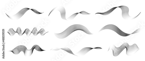 Abstract black and grey vibration wave set. Collection of sound audio wavy line, dotted halftone and waveform. Element on white background for business, science, music and technology.