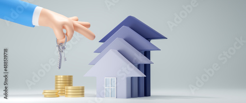 3d hand holding house keys and house model with coins stacks, concept for property ladder, mortgage and real estate investment, Ideas rental of real estate, buying and selling houses, 3d rendering