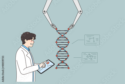 Man scientist use robotic arm work with DNA structure in modern laboratory. Male professor or researcher operate robot conduct experiments in lab. Medicine and technology. Vector illustration. 