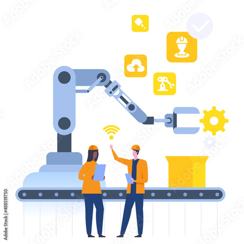 Automated assembly line with packing robotic manipulator. Engineers standing near machine, optimize workflow or monitoring process. Smart industry. Vector character illustration isolated on background