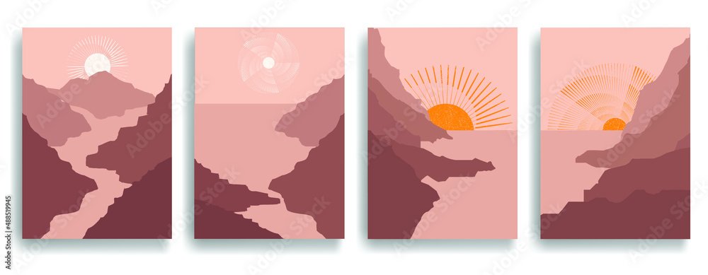 Poster with mountain landscape  . Trendy brochure . Vector illustration .