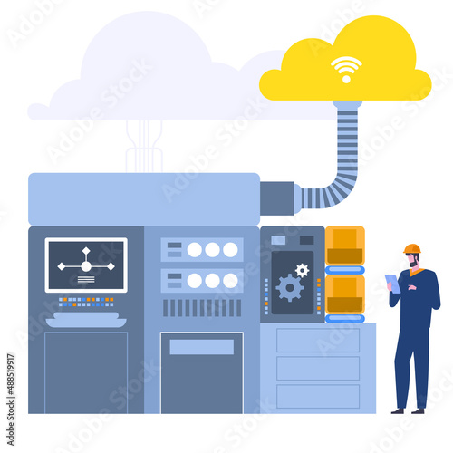 Control room in modern factory using wireless technology. Inspector analyzes data on tablet during production process. Smart industry with modern equipment. Vector illustration isolated on background