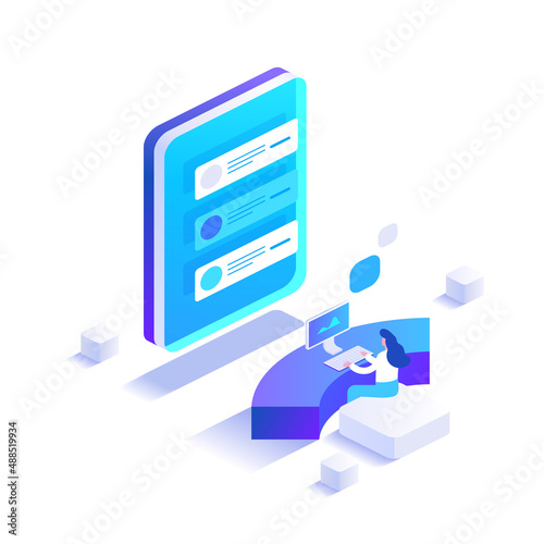 Man interacts with mobile application interface. Developer creates programs and making UI UX design, optimizes layout. Man settings and using smartphone. Vector illustration in isometric view design