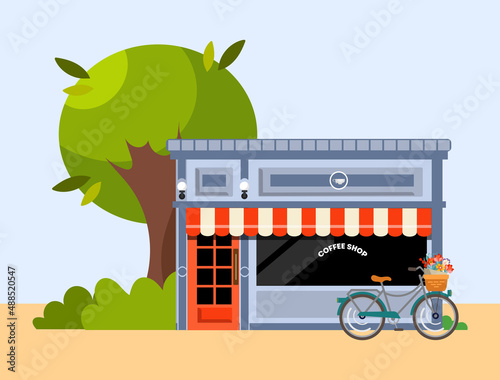 Coffeeshop. Street cafe.City cafe. Urban spring summer landscape. Small business concept. Flat design concept. Vector illustration.