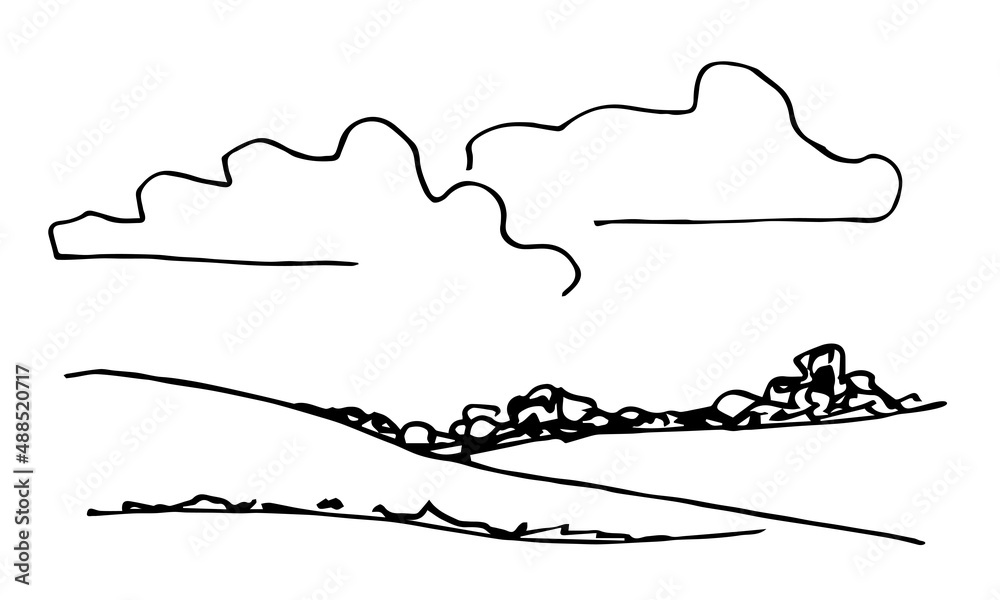 Simple hand drawn vector drawing in black outline. Ink sketch. Clouds in the sky, hill on the horizon, bushes, grass, wild landscape, nature. Country trip, tourism and travel.
