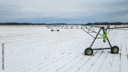 Farm field covered in bright snow