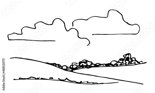 Simple hand drawn vector drawing in black outline. Ink sketch. Clouds in the sky, hill on the horizon, bushes, grass, wild landscape, nature. Country trip, tourism and travel.