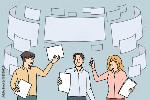 Document flow in business concept. Group of young business partners teammates standing with papers and flying documents above vector illustration 
