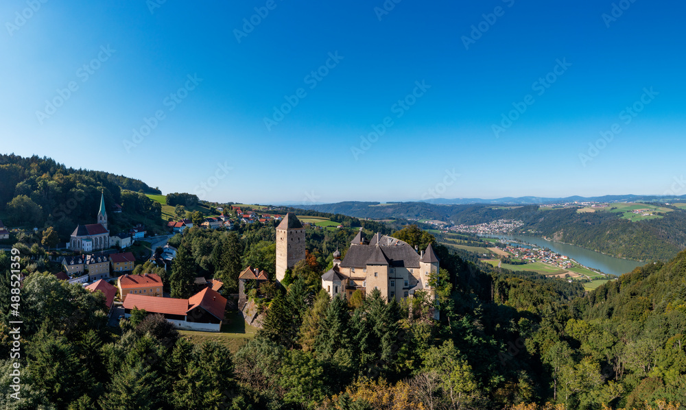 Austria, Upper Austria, Vichtenstein, Drone view of Burg Vichtenstein and surrounding landscape Austria, Upper Austria, Vichtenstein, Drone view of Burg Vichtenstein and surrounding landscape