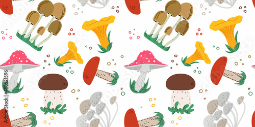 seamless pattern of different cartoon mushrooms. background for design