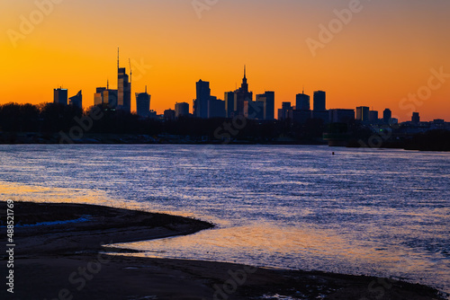 Sunset Skyline River View Of Warsaw In Poland