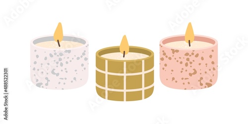 Scented wax candles. Modern aromatic decoration for cosy home interior. Decorative burning candlelight. Natural romantic decor with flame. Flat vector illustration isolated on white background