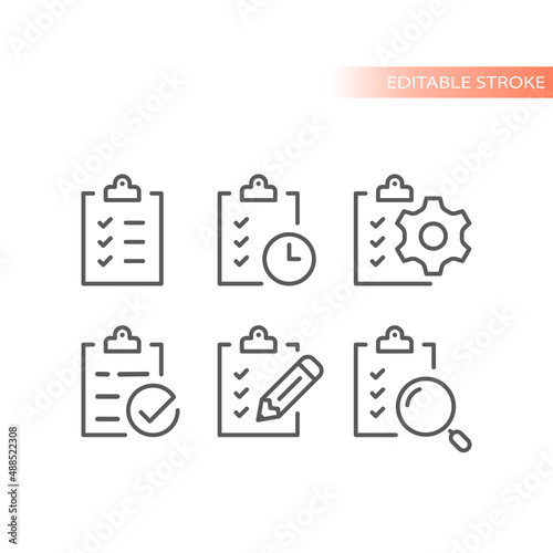 Clipboard with checklist line vector icon set. Check mark, gear, clock and pencil to do task list outlined icons.