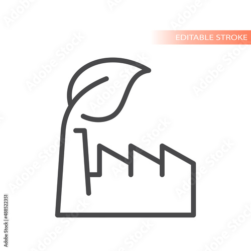 Factory and leaf, green energy line vector icon. Eco friendly industry outlined symbol.