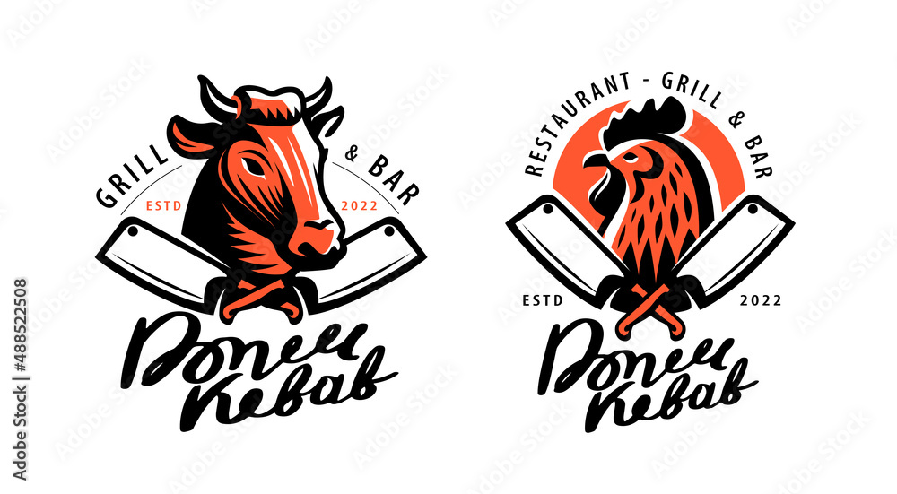 Doner Kebab vintage logo template. Emblems for shop, restaurant, cafe. Vector illustration