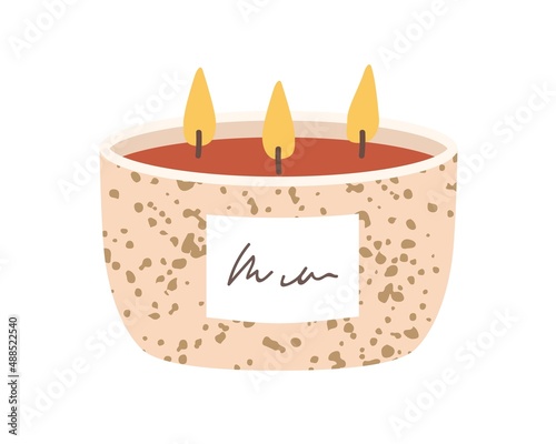 Scented soy wax candle. Modern three-wicked aromatic decoration for cosy home interior. Decorative romantic candlelight in ceramic. Flat vector illustration isolated on white background