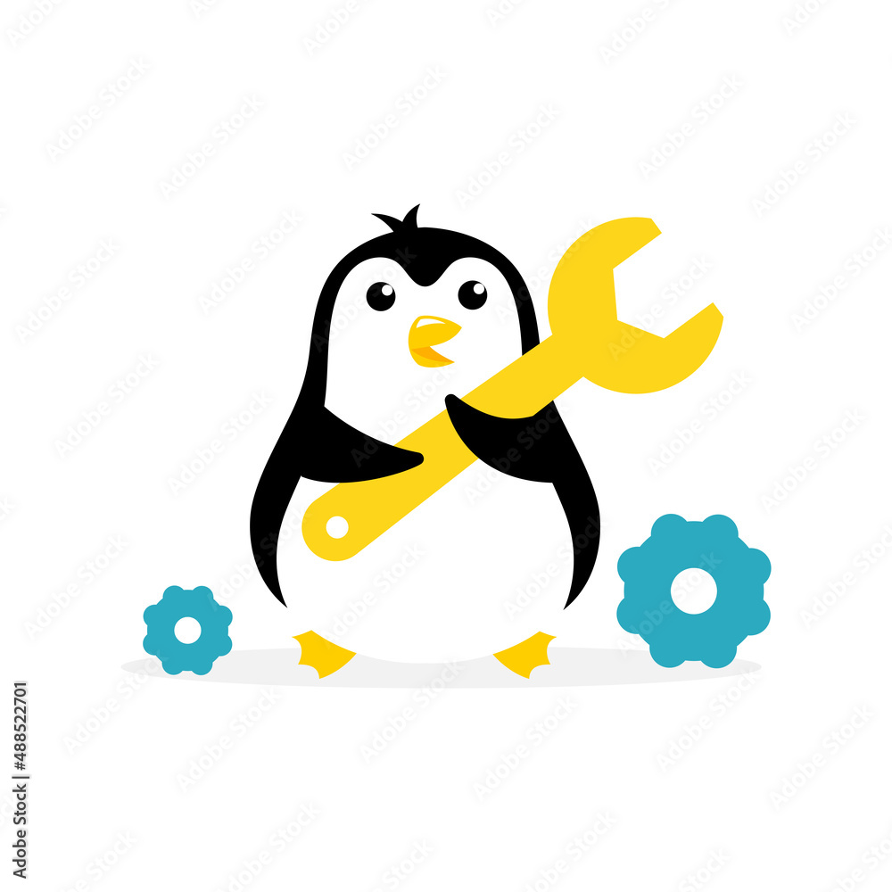 Fototapeta premium Penguin service-center. Repair of refrigerators and freezers. Mascot cartoon vector illustration.