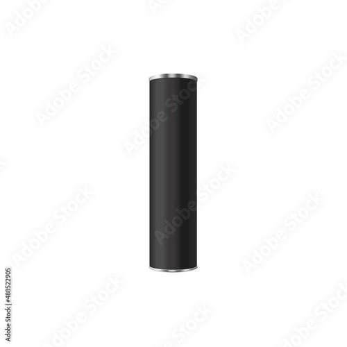 Black cylindrical tube with silver lid in realistic 3d style, vector illustration isolated on white background.