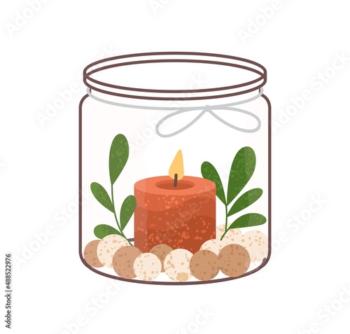 Scented wax candle in glass jar. Modern aromatic decoration with leaf, stones. Natural cozy decorative burning candlelight with flame. Flat vector illustration isolated on white background
