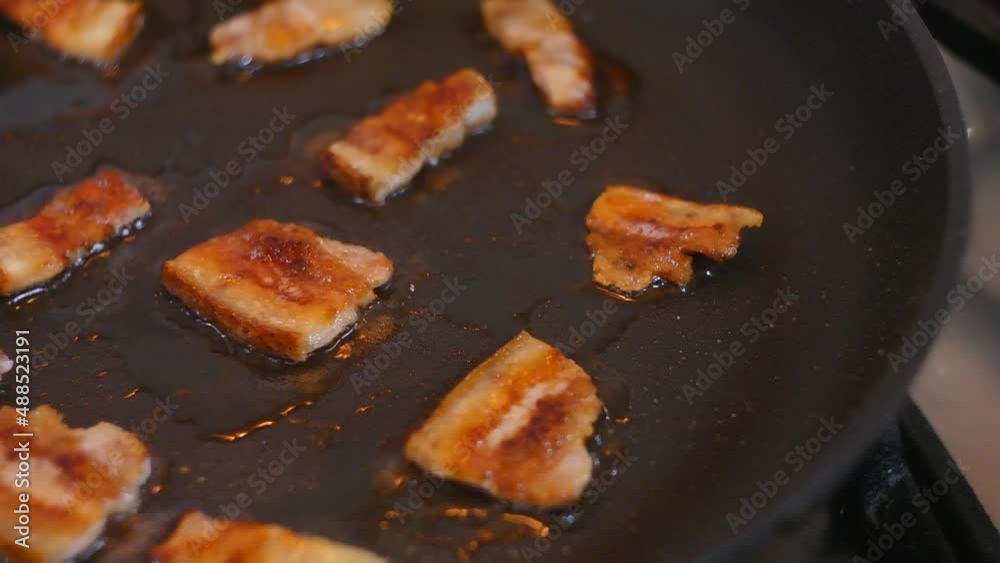 fried bacon. lard in a frying pan. Fried the bacon in a frying pan. Fried Bacon. Lard with a