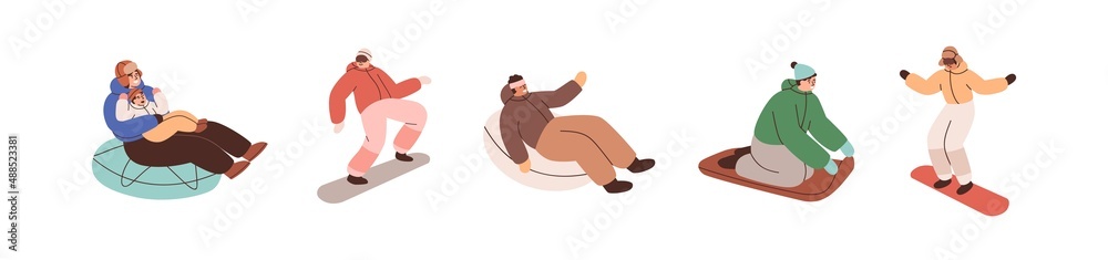 People and winter sports activities. Active men, women and kids sliding on sled, snow tubing, riding snowboard at ski resort. Wintertime funs. Flat vector illustration isolated on white background - obrazy, fototapety, plakaty 