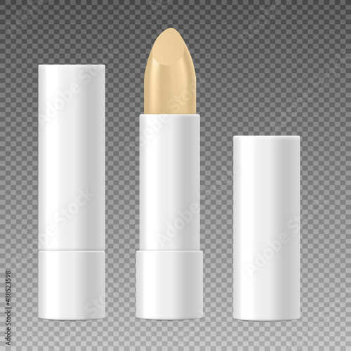 Lip balm stick opened and closed in realistic 3d style, vector illustration isolated on transparent background.
