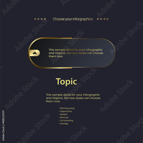 a golden infographic chart templates on dark background and text description. Luxury concept options design for presentations, business and finacial banners invector, illustration design