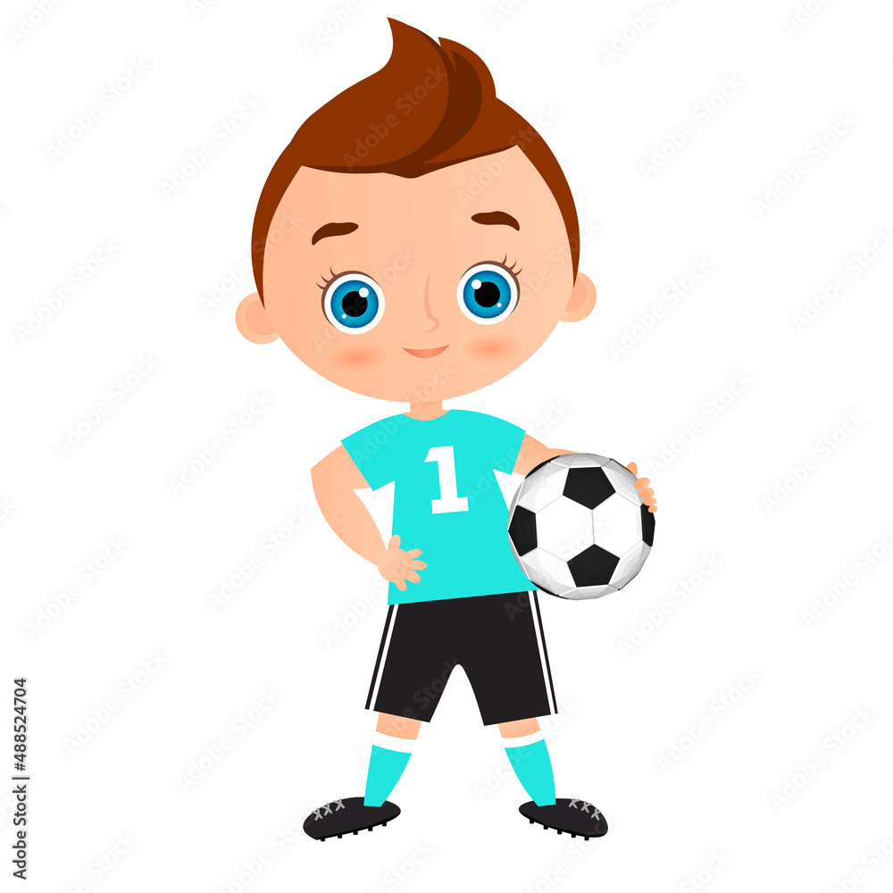 Young Boy. Kid playing football. Flat cartoon style.