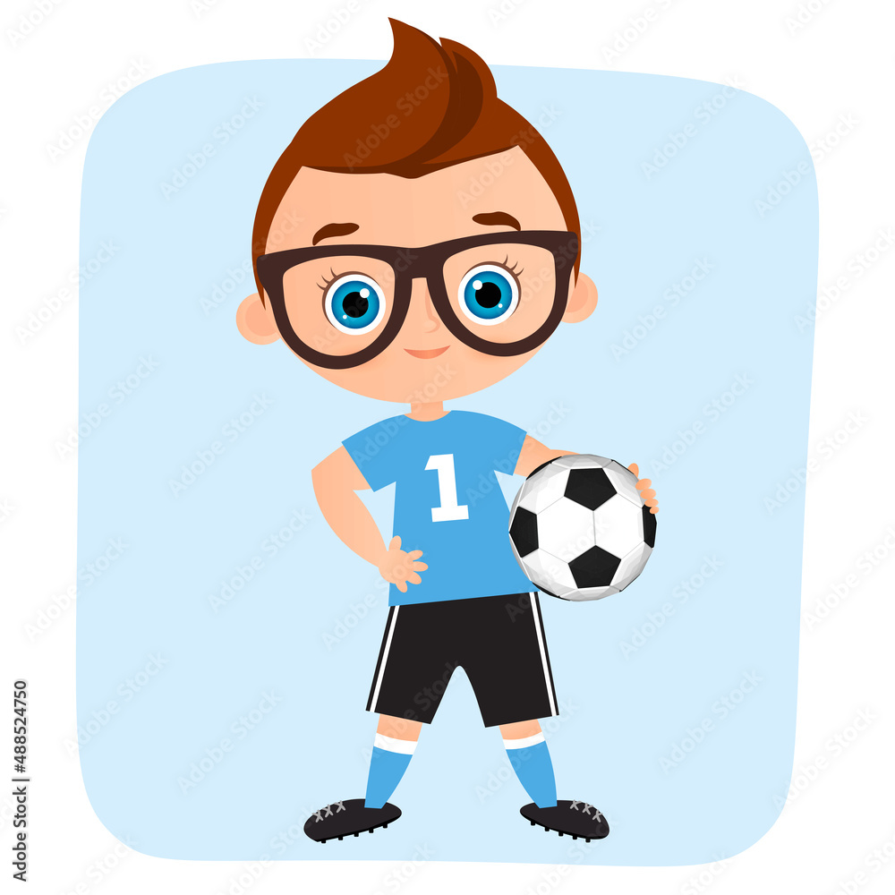 Young Boy. Kid playing football. Vector illustration eps 10 isolated on white background. Flat cartoon style.
