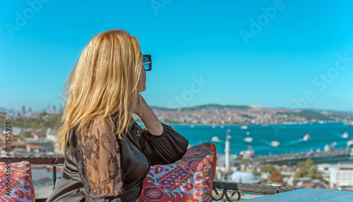 Fototapeta Naklejka Na Ścianę i Meble -  Travelling and vacation concept, lady at city streets in Istanbul. Landscape views, scene of trip time 