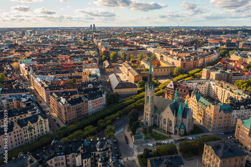 Sweden, Stockholm County, Stockholm, Aerial view of Oscars Church and surrounding houses of Ostermalm district photo