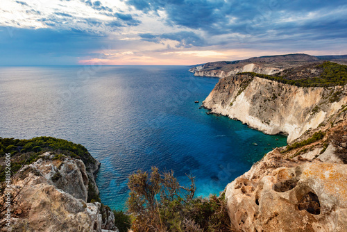 Zakynthos in Greece, Keri cliffs and Ionian sea at sunset