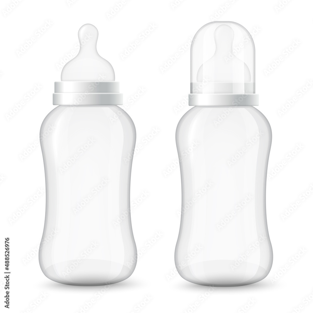 Baby bottle with pacifier and plastic cap, realistic 3d vector ...