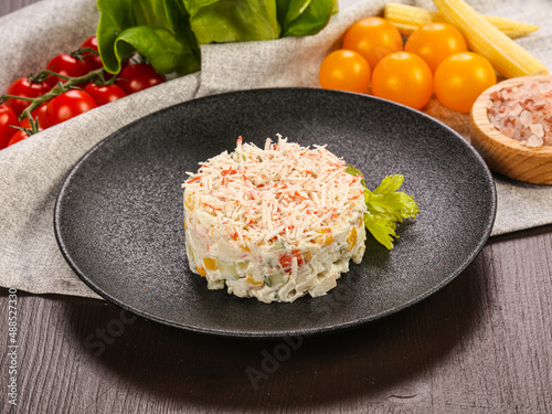 Russian traditional salad with crab