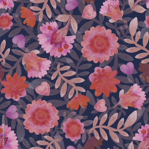 Watercolor style orange flowers on a dark background. Seamless pattern. Floral ornament. Wallpaper. Printing on paper and fabric. Scrapbooking, packaging, wrapper, postcard. Print.