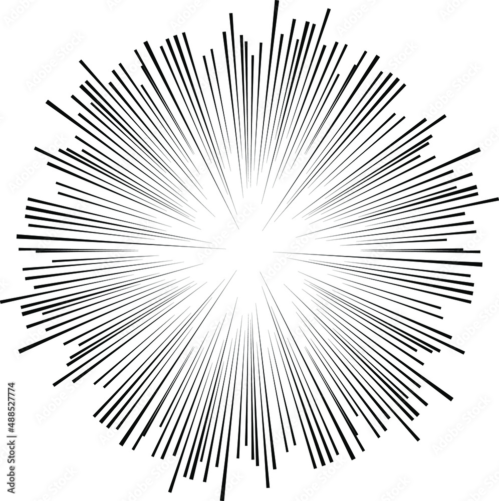 Black radial speed line burst for background design or cartoon template. Comic Book Design Element. Abstract motion lines. Vector stripe pattern.