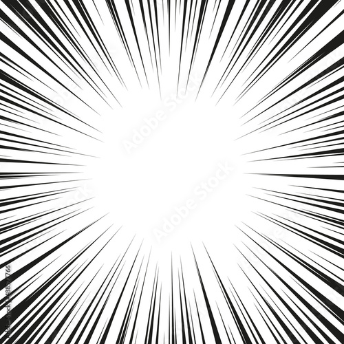 Black radial speed line burst for background design or cartoon template. Comic Book Design Element. Abstract motion lines. Vector stripe pattern.