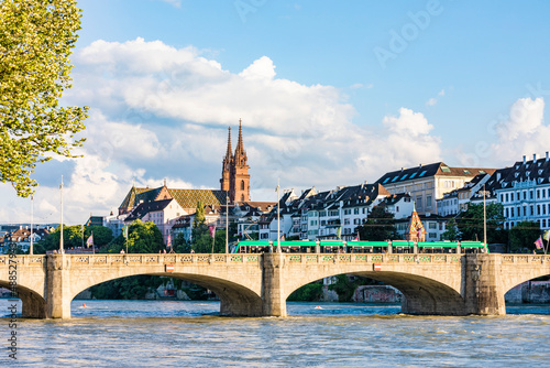 Switzerland, Basel-Stadt, Basel, Tramway passing through Middle Bridge photo