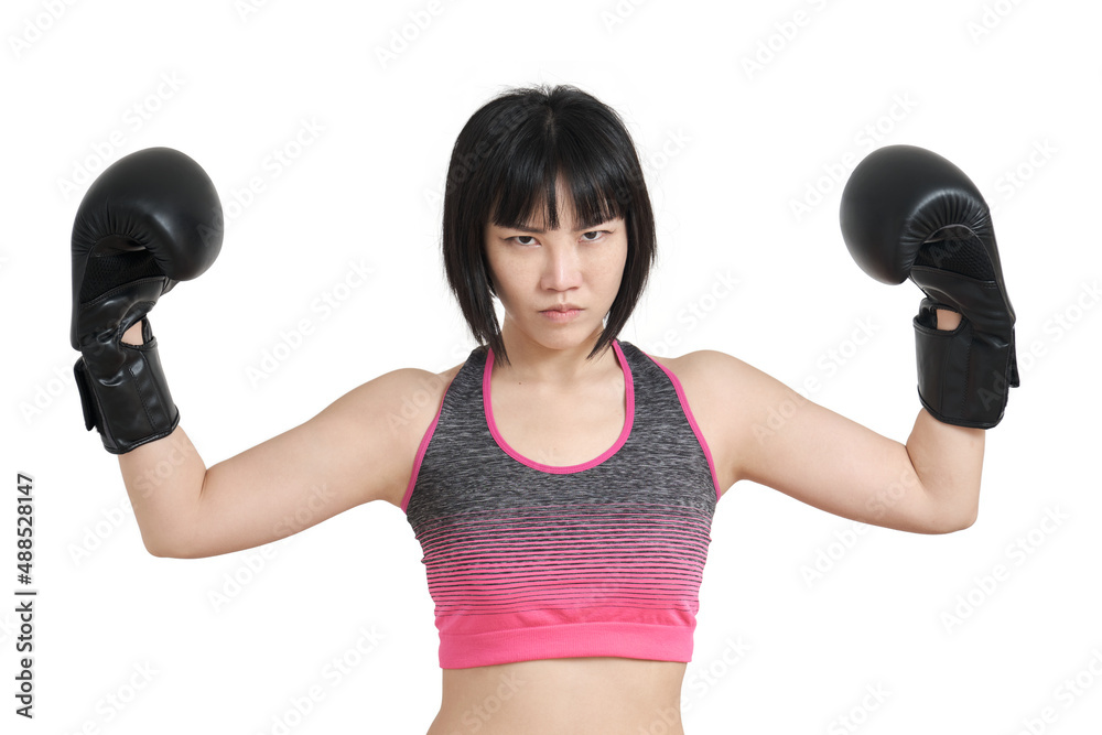 Young asian woman wearing boxing gloves doing strong gesture, isolated on white background. Young asian woman wearing boxing gloves doing strong gesture, isolated on white background.