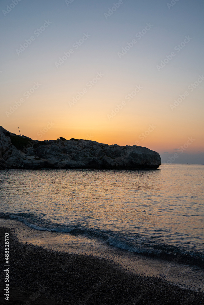 View of The Kolymbia Beach beach and sea in the morning, sunrise, Rhodes, Greece