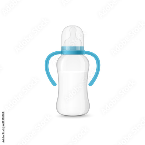 Baby bottle with milk, handle and cap in realistic 3d style, vector illustration isolated on white background.