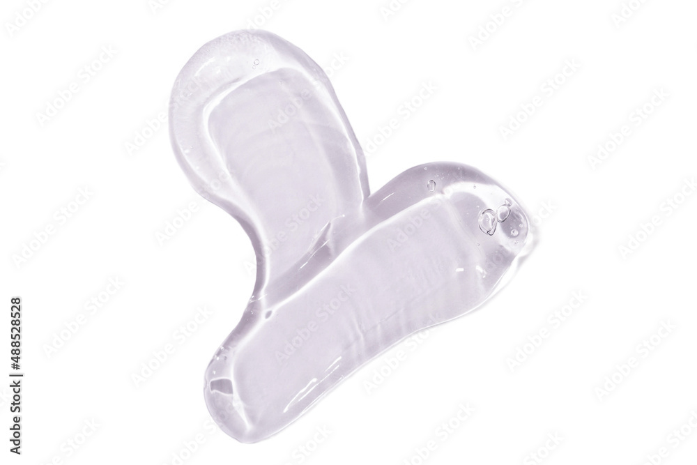 Fototapeta premium Clear gel swatch on Clear gel swatch on the white background. Sanitizer, hyaluronic acid reach moisturizer or other product with transparent water-like texture isolated on white.