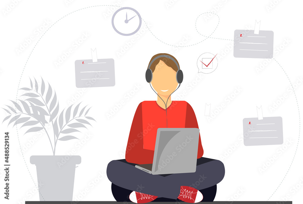 Young happy man, student sitting with laptop , working at home concept, freelance work concept, studying, education, work from home, flat vector illustration