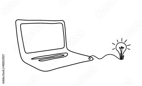 Abstract laptop with light bulb as line drawing on white as background. Vector