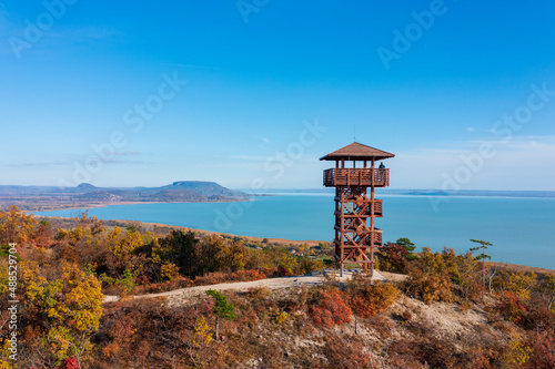 Aerial view about Batsanyi lookout tower at Balatongyorok, Hungary. Badacsony and lake Balaton at the background. photo