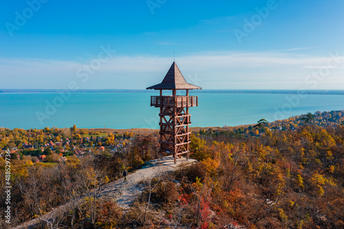 Balatongyorok, Hungary, aerial view about Matyas Bel lookout tower with lake Balaton at the background. photo